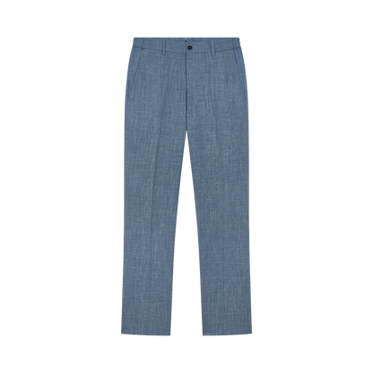 The Berwich Azure Blue Wool Silk Linen Loro Piana Casual Trouser features a subtle textured pattern, belt loops, button closure, and side pockets for a formal look. Neatly pressed and shown against a plain white background. , available at Richard Gelding Mayfair