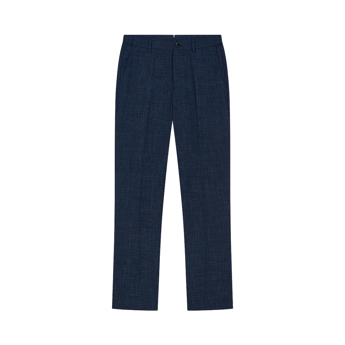 The Berwich Navy Blue Wool Silk Linen Loro Piana Casual Trouser, featuring a subtle check pattern, belt loops, button and zip closure, and straight legs, is displayed flat on a plain light grey background. , available at Richard Gelding Mayfair