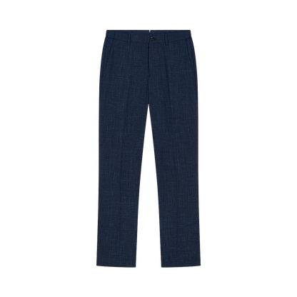 The Berwich Navy Blue Wool Silk Linen Loro Piana Casual Trouser, featuring a subtle check pattern, belt loops, button and zip closure, and straight legs, is displayed flat on a plain light grey background. , available at Richard Gelding Mayfair