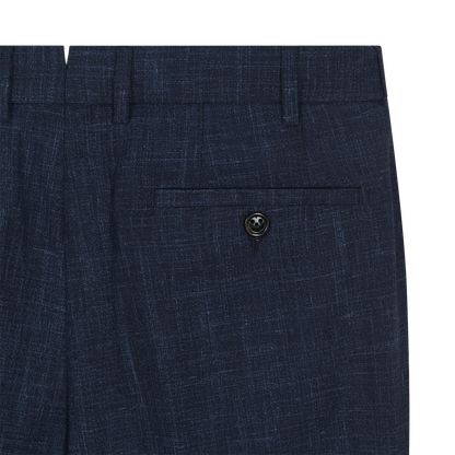 Close-up of the back pocket on Berwich's Navy Blue Wool Silk Linen Loro Piana Casual Trouser, featuring a single black button closure, a belt loop above the pocket, and subtle crosshatch texture in the fabric. , available at Richard Gelding Mayfair