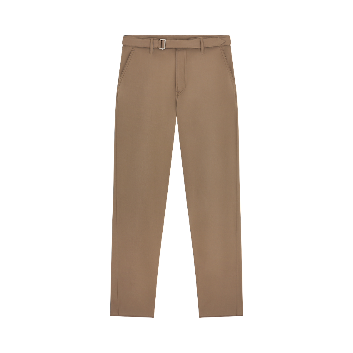 The Canali Brown Cotton Poplin Self-Belt Trouser features straight legs, side pockets, belt loops, and a matching fabric belt with a rectangular metal buckle, shown laid flat on a white background. , available at Richard Gelding Mayfair