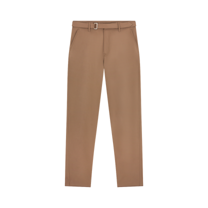 The Canali Brown Cotton Poplin Self-Belt Trouser features straight legs, side pockets, belt loops, and a matching fabric belt with a rectangular metal buckle, shown laid flat on a white background. , available at Richard Gelding Mayfair