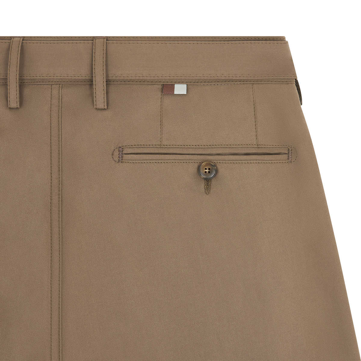 Close-up of Canali Brown Cotton Poplin Self-Belt Trouser showing a belt loop, welt pocket with brown button, visible stitching, and a red, white, and gray logo tab above the pocket. The smooth fabric has a subtle texture. , available at Richard Gelding Mayfair