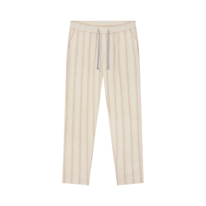 Fedeli Cream Striped Linen Drawstring Trousers feature tan and white vertical stripes, a drawstring waist, side pockets, and full-length breathable fabric, shown laid flat on a white background. , available at Richard Gelding Mayfair