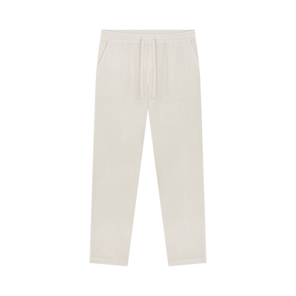 Fedeli Off White Linen Drawstring Trousers feature a straight-leg cut, elastic waistband with drawstring, and side pockets. Made from soft, textured linen, they are shown laid flat on a white background to highlight their shape. , available at Richard Gelding Mayfair
