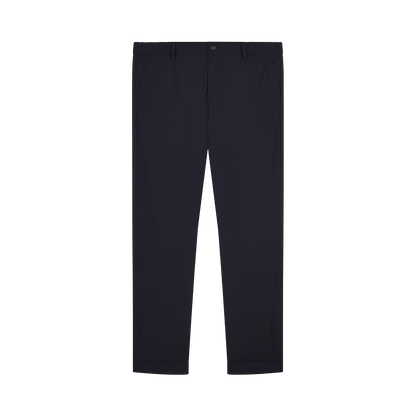 The Fedeli Navy Blue Bi-Stretch Technical Trousers are slim-fit pants with belt loops, side pockets, and a single button waist closure, shown flat against a white background. , available at Richard Gelding Mayfair