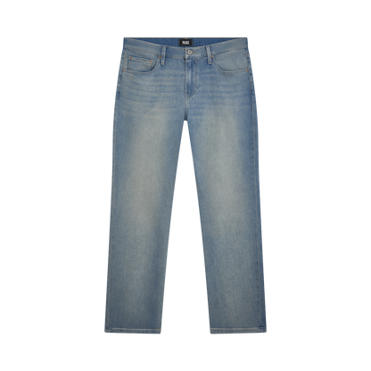 Paige Ferdinand Blue Cotton Transcend Normandie Straight Leg Jeans feature a classic five-pocket design, belt loops, and button fly. Subtle fading on the front thighs and knees gives a slightly worn look. Shown flat on a plain white background. , available at Richard Gelding Mayfair