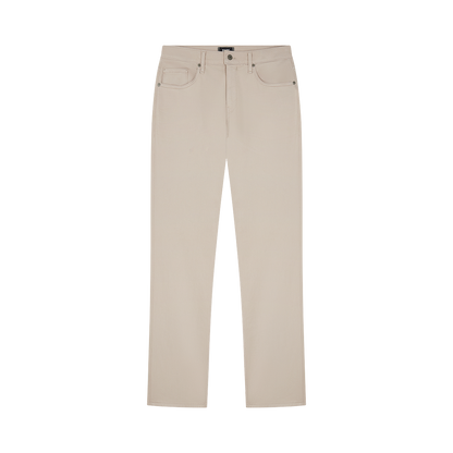 The Paige Seashell Ecru Cotton Transcend Normandie Straight Leg Jeans are shown laid flat on a white background, featuring five pockets, belt loops, button closure, and visible stitching for a classic, minimalist look with no patterns or embellishments. , available at Richard Gelding Mayfair
