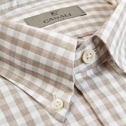 Canali Beige Checked Cotton BD Shirt Collar