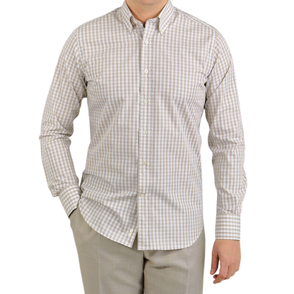 Canali Beige Checked Cotton BD Shirt Front