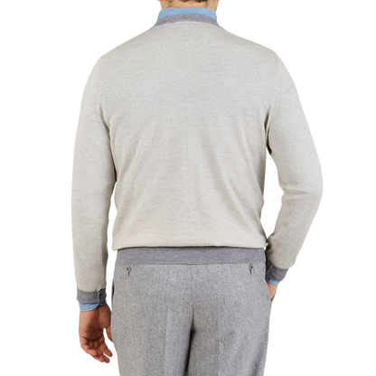 Canali Beige Grey Merino Wool College Sweater Back