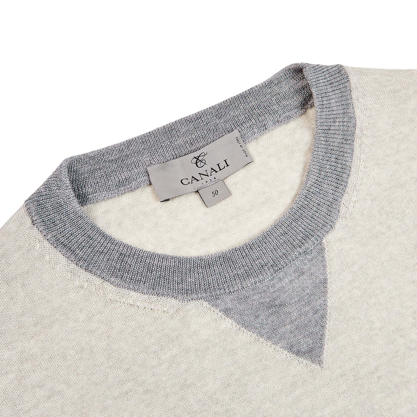 Canali Beige Grey Merino Wool College Sweater Collar
