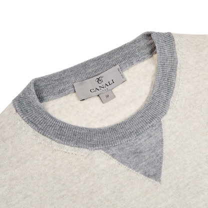 Canali Beige Grey Merino Wool College Sweater Collar