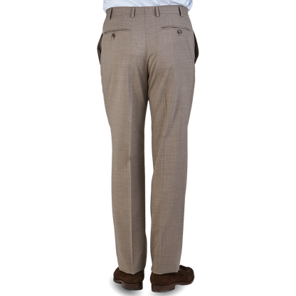 Canali Beige Grey Wool Stretch Flat Front Trousers Back