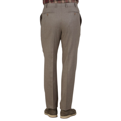 Canali Beige Wool Flannel Flat Front Trousers Back
