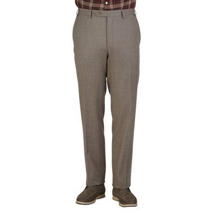 Canali Beige Wool Flannel Flat Front Trousers Front