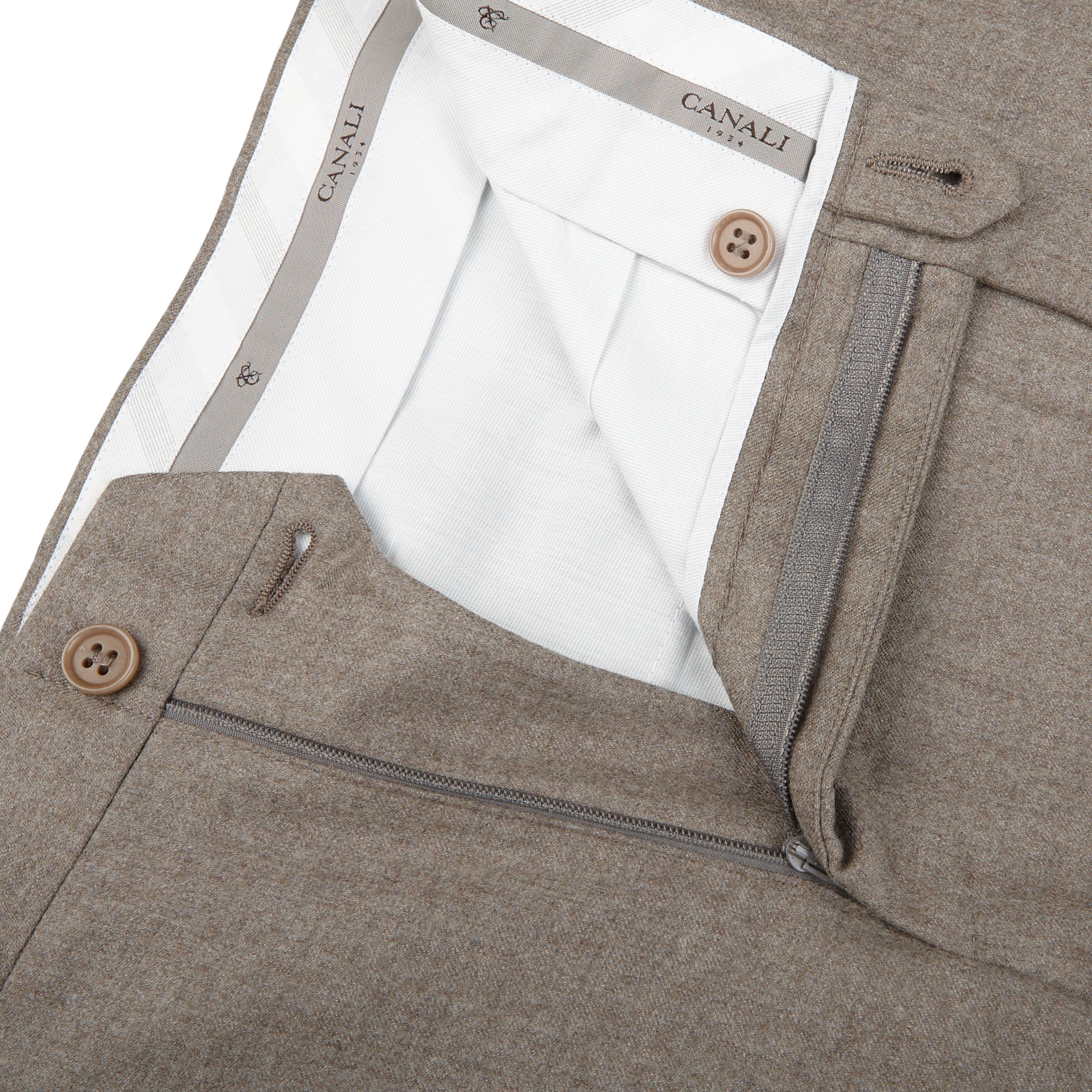 Canali Beige Wool Flannel Flat Front Trousers Zipper