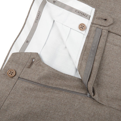 Canali Beige Wool Flannel Flat Front Trousers Zipper