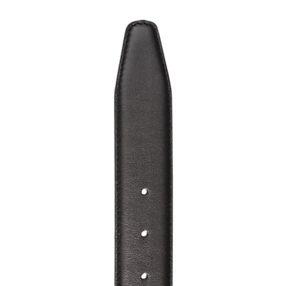 A Canali Black Matt Calf Leather 35mm Belt on a black background, showcasing elegant stitching and timeless elegance.