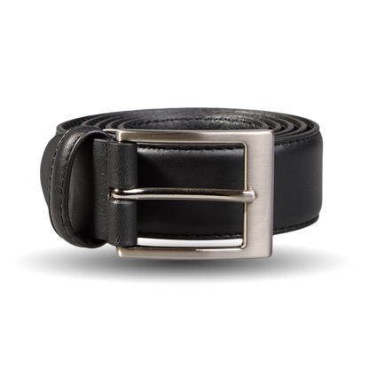 A Canali black matt calf leather 35mm belt with a silver buckle that exudes timeless elegance.