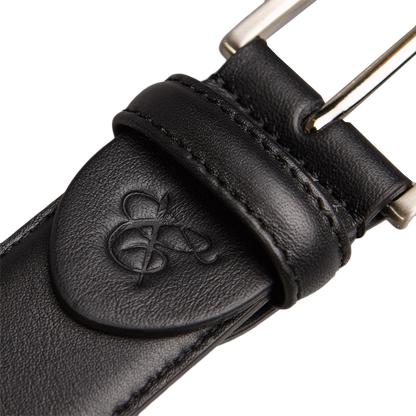 A Canali black Matt Calf Leather 35mm belt with a gold metal buckle.