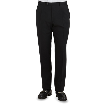 Canali Black Tropical Wool Single Pleat Trousers Front