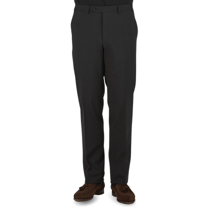 Canali Black Wool Stretch Flat Front Trousers Front
