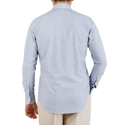 Canali Blue Beige Striped Cotton Linen BD Shirt Back