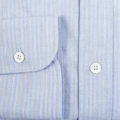 Canali Blue Beige Striped Cotton Linen BD Shirt Cuff