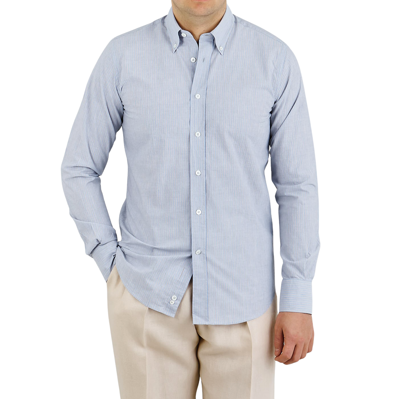 Canali Blue Beige Striped Cotton Linen BD Shirt Front1