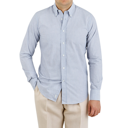 Canali Blue Beige Striped Cotton Linen BD Shirt Front1