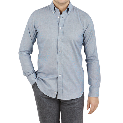 Canali Blue Dogtooth Cotton Flannel BD Shirt Front