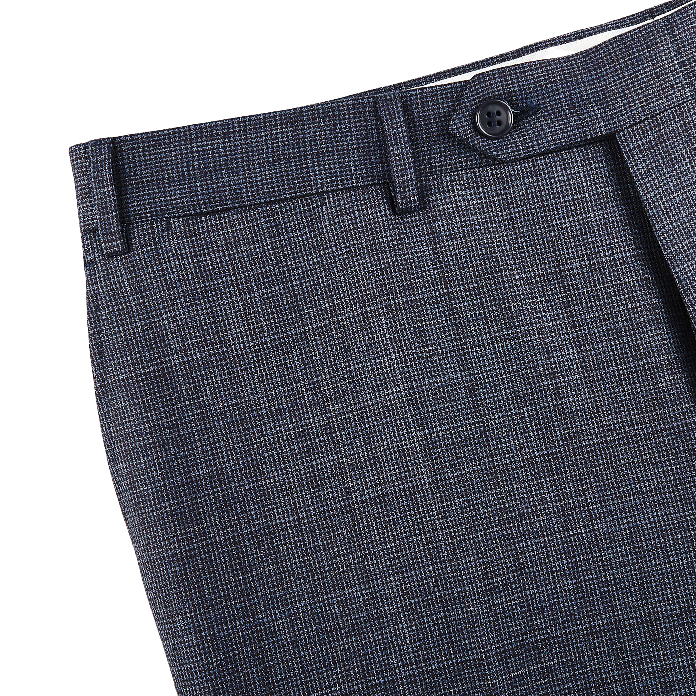 Canali Blue Houndstooth Wool Stretch Flat Front Trousers Edge
