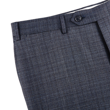 Canali Blue Houndstooth Wool Stretch Flat Front Trousers Edge
