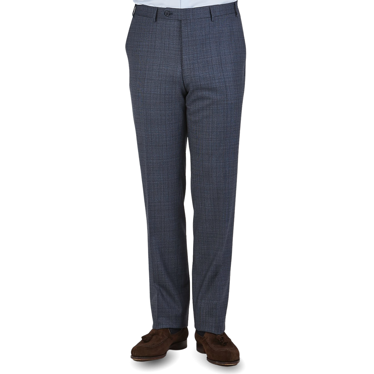 Canali Blue Houndstooth Wool Stretch Flat Front Trousers Front