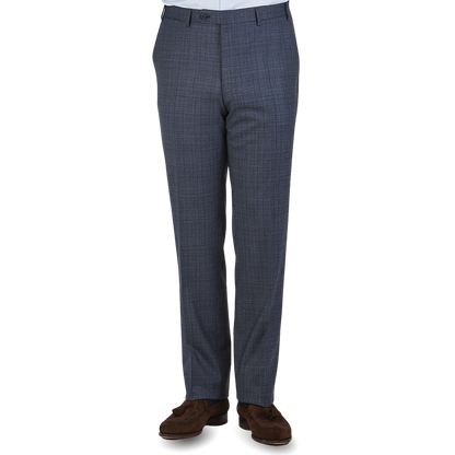 Canali Blue Houndstooth Wool Stretch Flat Front Trousers Front