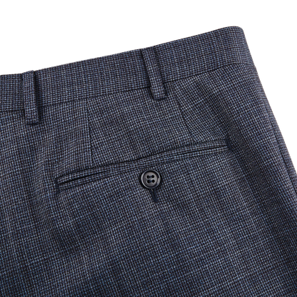 Canali Blue Houndstooth Wool Stretch Flat Front Trousers Pocket