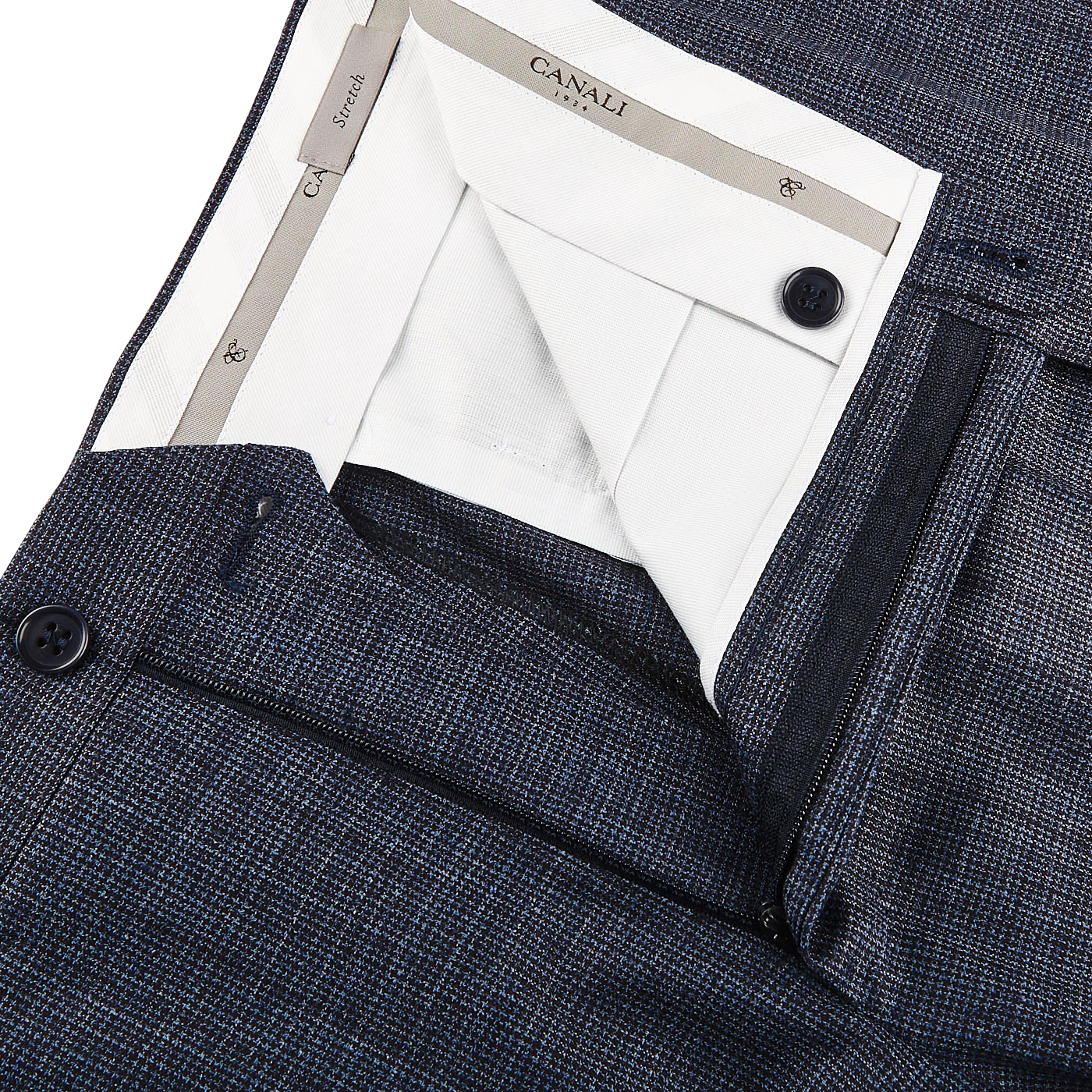 Canali Blue Houndstooth Wool Stretch Flat Front Trousers Zipper