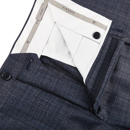 Canali Blue Houndstooth Wool Stretch Flat Front Trousers Zipper