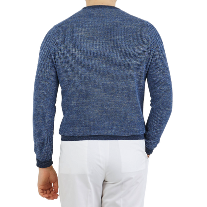Canali Blue Melange Cotton Linen Crewneck Sweater Back