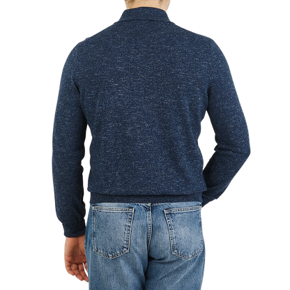 Canali Blue Melange Cotton Linen Polo Shirt Back