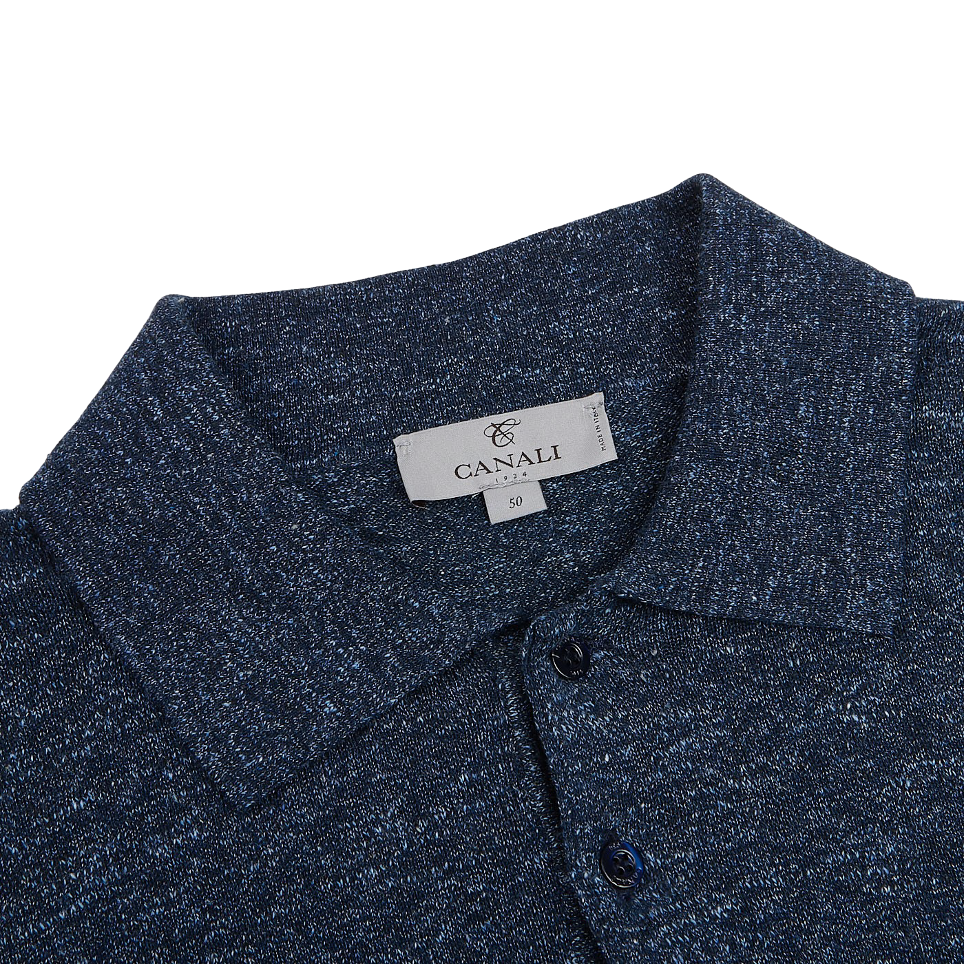 Canali Blue Melange Cotton Linen Polo Shirt Collar