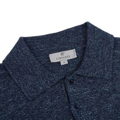 Canali Blue Melange Cotton Linen Polo Shirt Collar