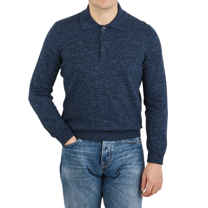 Canali Blue Melange Cotton Linen Polo Shirt Front