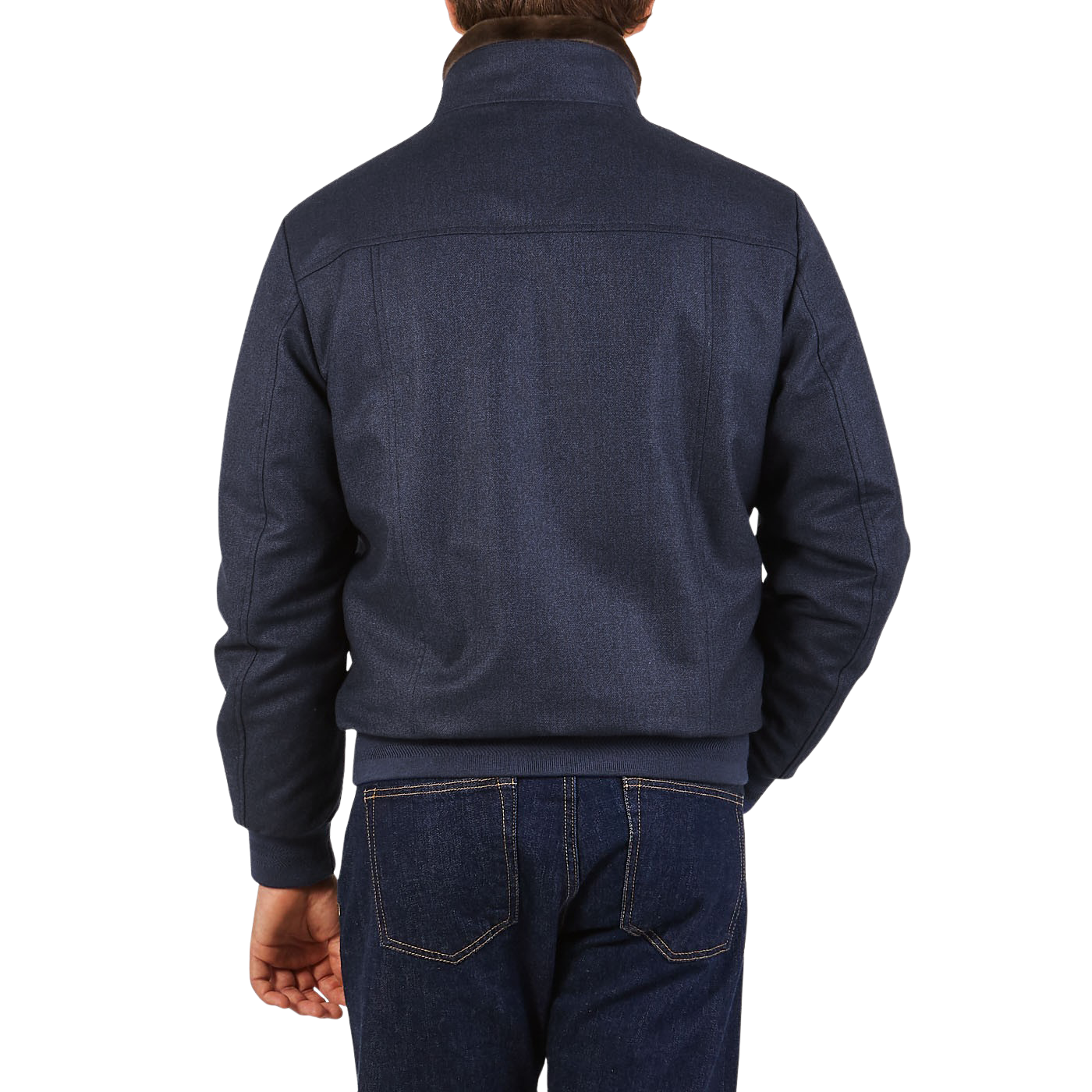 Canali Blue Melange Wool Fur Collar Blouson Back