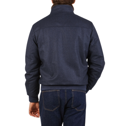 Canali Blue Melange Wool Fur Collar Blouson Back