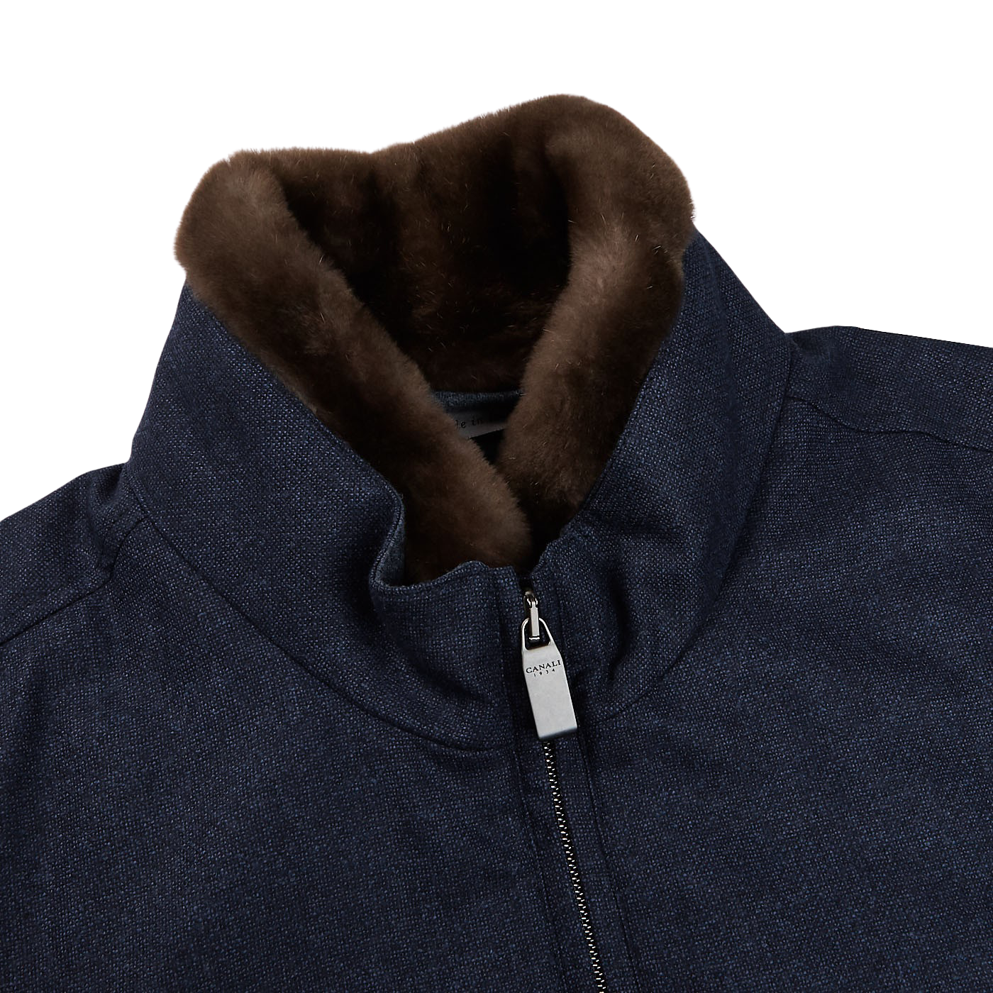 Canali Blue Melange Wool Fur Collar Blouson Collar