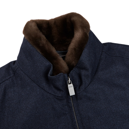 Canali Blue Melange Wool Fur Collar Blouson Collar