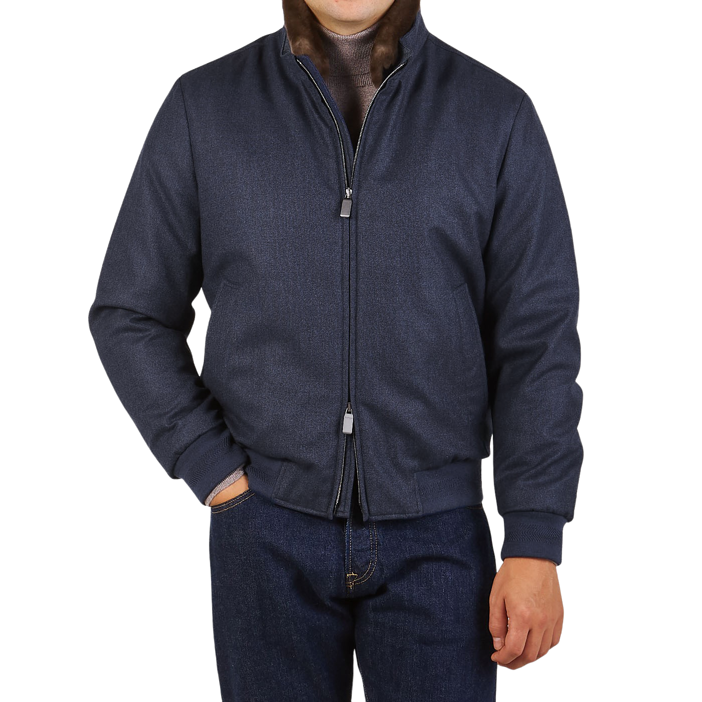 Canali Blue Melange Wool Fur Collar Blouson Front