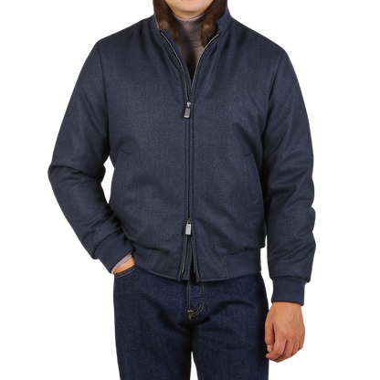 Canali Blue Melange Wool Fur Collar Blouson Front